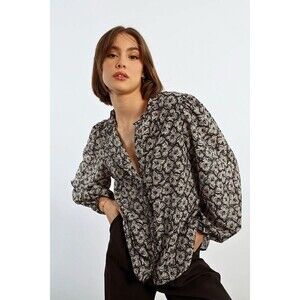 Lili Sidonio Blouse Winter Shirt Metallic Silver Dot Floral Balloon Sleeve XS